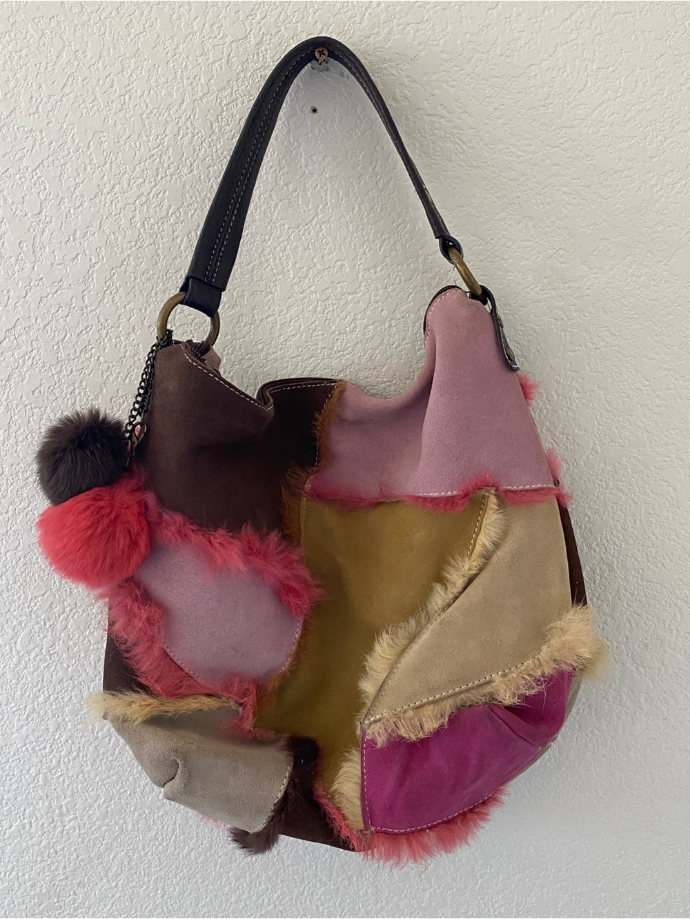 United Colors of Benetton Y2K Patchwork Suede Fur Hobo Bag Pom Poms